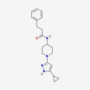 molecular formula C20H26N4O B2930390 N-(1-(5-cyclopropyl-1H-pyrazol-3-yl)piperidin-4-yl)-3-phenylpropanamide CAS No. 2034209-15-7