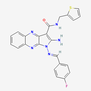 molecular formula C23H17FN6OS B2930402 (E)-2-amino-1-((4-fluorobenzylidene)amino)-N-(thiophen-2-ylmethyl)-1H-pyrrolo[2,3-b]quinoxaline-3-carboxamide CAS No. 577694-14-5