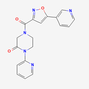molecular formula C18H15N5O3 B2930447 1-(Pyridin-2-yl)-4-(5-(pyridin-3-yl)isoxazole-3-carbonyl)piperazin-2-one CAS No. 2310208-86-5