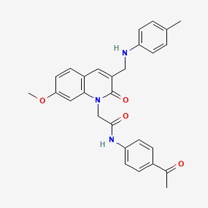 molecular formula C28H27N3O4 B2930469 N-(4-acetylphenyl)-2-(7-methoxy-2-oxo-3-((p-tolylamino)methyl)quinolin-1(2H)-yl)acetamide CAS No. 932308-78-6