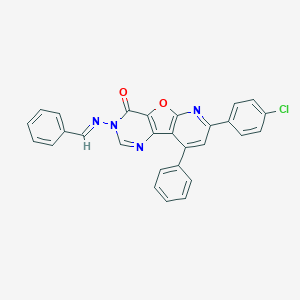 molecular formula C28H17ClN4O2 B293051 5-[(E)-benzylideneamino]-11-(4-chlorophenyl)-13-phenyl-8-oxa-3,5,10-triazatricyclo[7.4.0.02,7]trideca-1(9),2(7),3,10,12-pentaen-6-one 