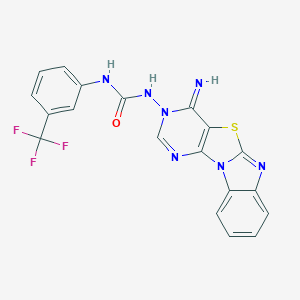 molecular formula C19H12F3N7OS B293052 1-(6-Imino-8-thia-1,3,5,10-tetrazatetracyclo[7.7.0.02,7.011,16]hexadeca-2(7),3,9,11,13,15-hexaen-5-yl)-3-[3-(trifluoromethyl)phenyl]urea 