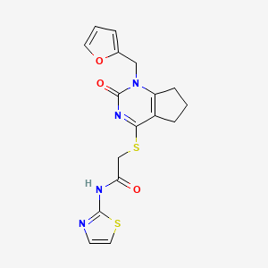 molecular formula C17H16N4O3S2 B2930545 2-((1-(呋喃-2-基甲基)-2-氧代-2,5,6,7-四氢-1H-环戊[d]嘧啶-4-基)硫代)-N-(噻唑-2-基)乙酰胺 CAS No. 932962-17-9
