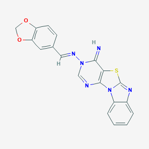 molecular formula C19H12N6O2S B293055 5-[(E)-1,3-benzodioxol-5-ylmethylideneamino]-8-thia-1,3,5,10-tetrazatetracyclo[7.7.0.02,7.011,16]hexadeca-2(7),3,9,11,13,15-hexaen-6-imine 