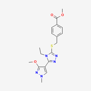 molecular formula C18H21N5O3S B2930554 methyl 4-(((4-ethyl-5-(3-methoxy-1-methyl-1H-pyrazol-4-yl)-4H-1,2,4-triazol-3-yl)thio)methyl)benzoate CAS No. 1014094-77-9