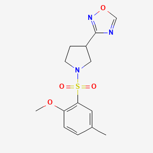 molecular formula C14H17N3O4S B2930599 3-(1-((2-Methoxy-5-methylphenyl)sulfonyl)pyrrolidin-3-yl)-1,2,4-oxadiazole CAS No. 2034277-41-1