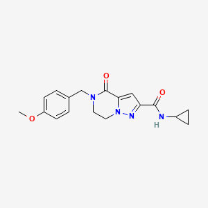 molecular formula C18H20N4O3 B2930610 N-cyclopropyl-5-(4-methoxybenzyl)-4-oxo-4,5,6,7-tetrahydropyrazolo[1,5-a]pyrazine-2-carboxamide CAS No. 477859-34-0