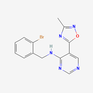 molecular formula C14H12BrN5O B2930696 N-[(2-Bromophenyl)methyl]-5-(3-methyl-1,2,4-oxadiazol-5-yl)pyrimidin-4-amine CAS No. 2380085-82-3