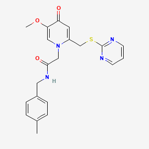 molecular formula C21H22N4O3S B2930711 2-(5-methoxy-4-oxo-2-((pyrimidin-2-ylthio)methyl)pyridin-1(4H)-yl)-N-(4-methylbenzyl)acetamide CAS No. 920340-41-6