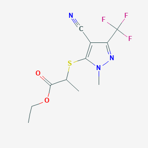 molecular formula C11H12F3N3O2S B2930720 ethyl 2-{[4-cyano-1-methyl-3-(trifluoromethyl)-1H-pyrazol-5-yl]sulfanyl}propanoate CAS No. 324009-04-3
