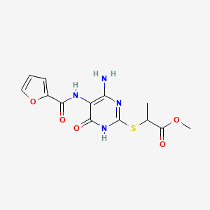 molecular formula C13H14N4O5S B2930725 Methyl 2-((4-amino-5-(furan-2-carboxamido)-6-oxo-1,6-dihydropyrimidin-2-yl)thio)propanoate CAS No. 868226-72-6
