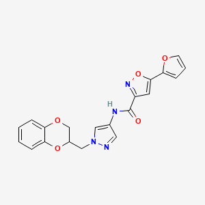 molecular formula C20H16N4O5 B2930737 N-(1-((2,3-dihydrobenzo[b][1,4]dioxin-2-yl)methyl)-1H-pyrazol-4-yl)-5-(furan-2-yl)isoxazole-3-carboxamide CAS No. 1797552-90-9
