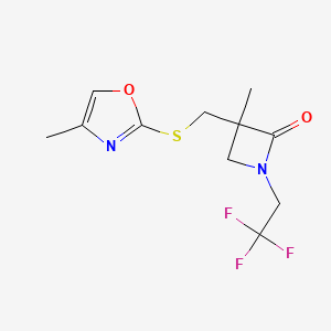 molecular formula C11H13F3N2O2S B2930749 3-Methyl-3-[(4-methyl-1,3-oxazol-2-yl)sulfanylmethyl]-1-(2,2,2-trifluoroethyl)azetidin-2-one CAS No. 2249469-26-7
