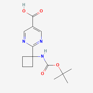 molecular formula C14H19N3O4 B2930789 2-[1-[(2-Methylpropan-2-yl)oxycarbonylamino]cyclobutyl]pyrimidine-5-carboxylic acid CAS No. 2137841-49-5