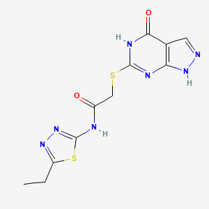 molecular formula C11H11N7O2S2 B2930790 N-(5-ethyl-1,3,4-thiadiazol-2-yl)-2-((4-oxo-4,5-dihydro-1H-pyrazolo[3,4-d]pyrimidin-6-yl)thio)acetamide CAS No. 877630-26-7