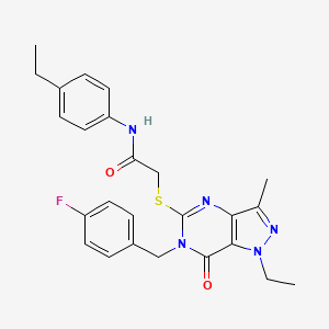 molecular formula C25H26FN5O2S B2930856 2-((1-乙基-6-(4-氟苄基)-3-甲基-7-氧代-6,7-二氢-1H-吡唑并[4,3-d]嘧啶-5-基)硫代)-N-(4-乙基苯基)乙酰胺 CAS No. 1358234-41-9