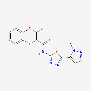 molecular formula C16H15N5O4 B2930862 3-methyl-N-(5-(1-methyl-1H-pyrazol-5-yl)-1,3,4-oxadiazol-2-yl)-2,3-dihydrobenzo[b][1,4]dioxine-2-carboxamide CAS No. 1172012-57-5