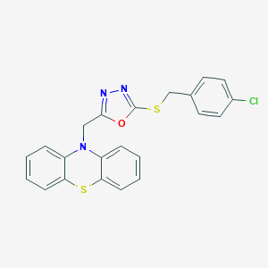 molecular formula C22H16ClN3OS2 B293087 10-({5-[(4-chlorobenzyl)sulfanyl]-1,3,4-oxadiazol-2-yl}methyl)-10H-phenothiazine 