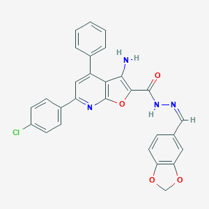 molecular formula C28H19ClN4O4 B293091 3-amino-N'-(1,3-benzodioxol-5-ylmethylene)-6-(4-chlorophenyl)-4-phenylfuro[2,3-b]pyridine-2-carbohydrazide 