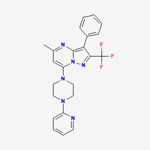 molecular formula C23H21F3N6 B2930910 5-甲基-3-苯基-7-(4-吡啶-2-基哌嗪-1-基)-2-(三氟甲基)吡唑并[1,5-a]嘧啶 CAS No. 890636-48-3