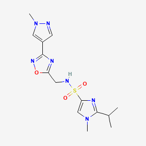 molecular formula C14H19N7O3S B2930933 1-甲基-N-{[3-(1-甲基-1H-吡唑-4-基)-1,2,4-噁二唑-5-基]甲基}-2-(异丙基)-1H-咪唑-4-磺酰胺 CAS No. 2097867-47-3