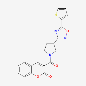 molecular formula C20H15N3O4S B2930957 3-(3-(5-(thiophen-2-yl)-1,2,4-oxadiazol-3-yl)pyrrolidine-1-carbonyl)-2H-chromen-2-one CAS No. 2034412-61-6