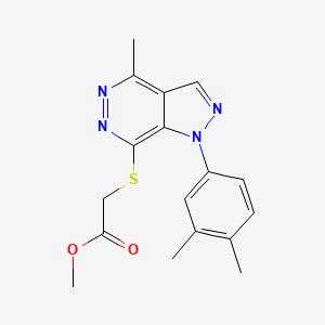 molecular formula C17H18N4O2S B2930980 甲基-2-((1-(3,4-二甲基苯基)-4-甲基-1H-吡唑并[3,4-d]吡啶-7-基)硫)乙酸酯 CAS No. 1105203-84-6