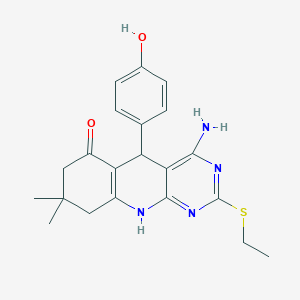 molecular formula C21H24N4O2S B2931042 4-amino-2-(ethylsulfanyl)-5-(4-hydroxyphenyl)-8,8-dimethyl-5,8,9,10-tetrahydropyrimido[4,5-b]quinolin-6(7H)-one CAS No. 877818-97-8
