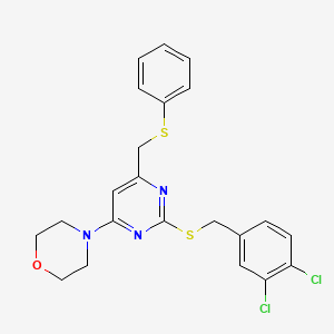 molecular formula C22H21Cl2N3OS2 B2931043 4-{2-[(3,4-Dichlorobenzyl)sulfanyl]-6-[(phenylsulfanyl)methyl]-4-pyrimidinyl}morpholine CAS No. 341965-57-9