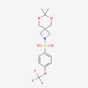 molecular formula C15H18F3NO5S B2931139 7,7-Dimethyl-2-((4-(trifluoromethoxy)phenyl)sulfonyl)-6,8-dioxa-2-azaspiro[3.5]nonane CAS No. 1396889-19-2