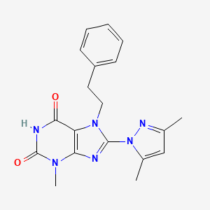 molecular formula C19H20N6O2 B2931188 8-(3,5-Dimethyl-pyrazol-1-yl)-3-methyl-7-phenethyl-3,7-dihydro-purine-2,6-dione CAS No. 300834-33-7