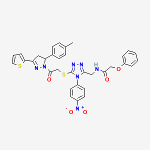 molecular formula C33H29N7O5S2 B2931197 N-((4-(4-nitrophenyl)-5-((2-oxo-2-(3-(thiophen-2-yl)-5-(p-tolyl)-4,5-dihydro-1H-pyrazol-1-yl)ethyl)thio)-4H-1,2,4-triazol-3-yl)methyl)-2-phenoxyacetamide CAS No. 393585-24-5