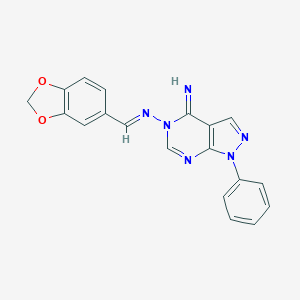 molecular formula C19H14N6O2 B293122 N-(1,3-benzodioxol-5-ylmethylene)-N-(4-imino-1-phenyl-1,4-dihydro-5H-pyrazolo[3,4-d]pyrimidin-5-yl)amine 