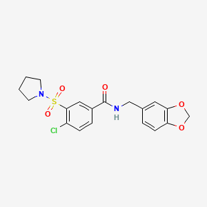 molecular formula C19H19ClN2O5S B2931285 N-(1,3-benzodioxol-5-ylmethyl)-4-chloro-3-pyrrolidin-1-ylsulfonylbenzamide CAS No. 796981-91-4