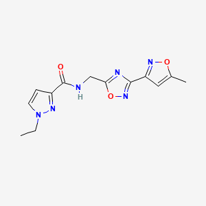 molecular formula C13H14N6O3 B2931349 1-ethyl-N-((3-(5-methylisoxazol-3-yl)-1,2,4-oxadiazol-5-yl)methyl)-1H-pyrazole-3-carboxamide CAS No. 2034369-38-3
