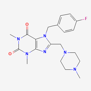 molecular formula C20H25FN6O2 B2931373 7-[(4-Fluorophenyl)methyl]-1,3-dimethyl-8-[(4-methylpiperazin-1-yl)methyl]purine-2,6-dione CAS No. 851937-95-6