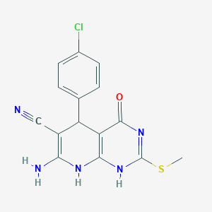 molecular formula C15H12ClN5OS B293164 7-amino-5-(4-chlorophenyl)-2-methylsulfanyl-4-oxo-5,8-dihydro-1H-pyrido[2,3-d]pyrimidine-6-carbonitrile 