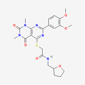 molecular formula C23H27N5O6S B2931661 2-((2-(3,4-dimethoxyphenyl)-6,8-dimethyl-5,7-dioxo-5,6,7,8-tetrahydropyrimido[4,5-d]pyrimidin-4-yl)thio)-N-((tetrahydrofuran-2-yl)methyl)acetamide CAS No. 921067-45-0