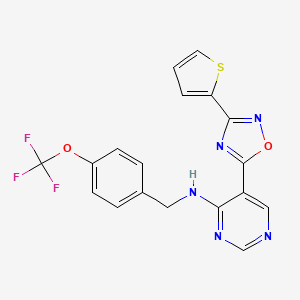 molecular formula C18H12F3N5O2S B2931714 5-(3-(噻吩-2-基)-1,2,4-恶二唑-5-基)-N-(4-(三氟甲氧基)苄基)嘧啶-4-胺 CAS No. 2034244-06-7