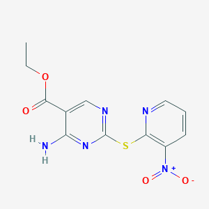 molecular formula C12H11N5O4S B2931727 Ethyl 4-amino-2-[(3-nitropyridin-2-yl)sulfanyl]pyrimidine-5-carboxylate CAS No. 218929-51-2