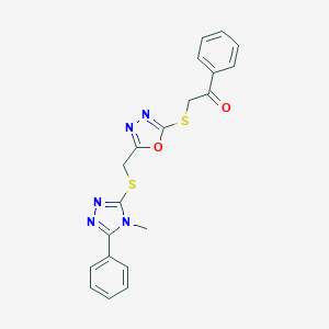 molecular formula C20H17N5O2S2 B293180 2-[(5-{[(4-methyl-5-phenyl-4H-1,2,4-triazol-3-yl)sulfanyl]methyl}-1,3,4-oxadiazol-2-yl)sulfanyl]-1-phenylethanone 