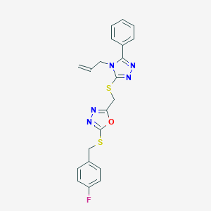 molecular formula C21H18FN5OS2 B293181 2-{[(4-allyl-5-phenyl-4H-1,2,4-triazol-3-yl)sulfanyl]methyl}-5-[(4-fluorobenzyl)sulfanyl]-1,3,4-oxadiazole 