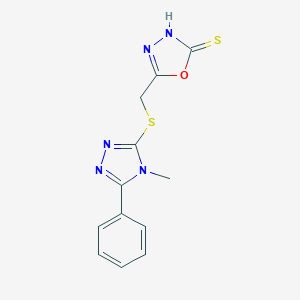 molecular formula C12H11N5OS2 B293182 5-{[(4-methyl-5-phenyl-4H-1,2,4-triazol-3-yl)sulfanyl]methyl}-1,3,4-oxadiazole-2(3H)-thione 