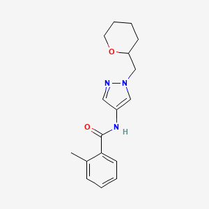 molecular formula C17H21N3O2 B2931839 2-methyl-N-(1-((tetrahydro-2H-pyran-2-yl)methyl)-1H-pyrazol-4-yl)benzamide CAS No. 2034228-14-1