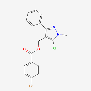 molecular formula C18H14BrClN2O2 B2931926 (5-chloro-1-methyl-3-phenyl-1H-pyrazol-4-yl)methyl 4-bromobenzenecarboxylate CAS No. 318248-35-0