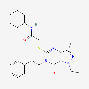 molecular formula C24H31N5O2S B2932012 N~1~-cyclohexyl-2-[(1-ethyl-3-methyl-7-oxo-6-phenethyl-6,7-dihydro-1H-pyrazolo[4,3-d]pyrimidin-5-yl)sulfanyl]acetamide CAS No. 1359128-15-6