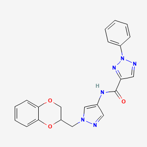 molecular formula C21H18N6O3 B2932066 N-(1-((2,3-dihydrobenzo[b][1,4]dioxin-2-yl)methyl)-1H-pyrazol-4-yl)-2-phenyl-2H-1,2,3-triazole-4-carboxamide CAS No. 1797022-48-0