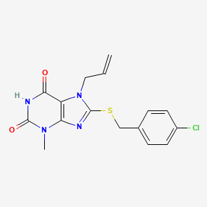 molecular formula C16H15ClN4O2S B2932081 7-Allyl-8-(4-chloro-benzylsulfanyl)-3-methyl-3,7-dihydro-purine-2,6-dione CAS No. 331841-69-1