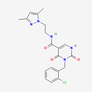 molecular formula C19H20ClN5O3 B2932096 3-(2-chlorobenzyl)-N-(2-(3,5-dimethyl-1H-pyrazol-1-yl)ethyl)-2,4-dioxo-1,2,3,4-tetrahydropyrimidine-5-carboxamide CAS No. 1421585-52-5