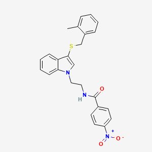 molecular formula C25H23N3O3S B2932100 N-(2-(3-((2-methylbenzyl)thio)-1H-indol-1-yl)ethyl)-4-nitrobenzamide CAS No. 532973-87-8